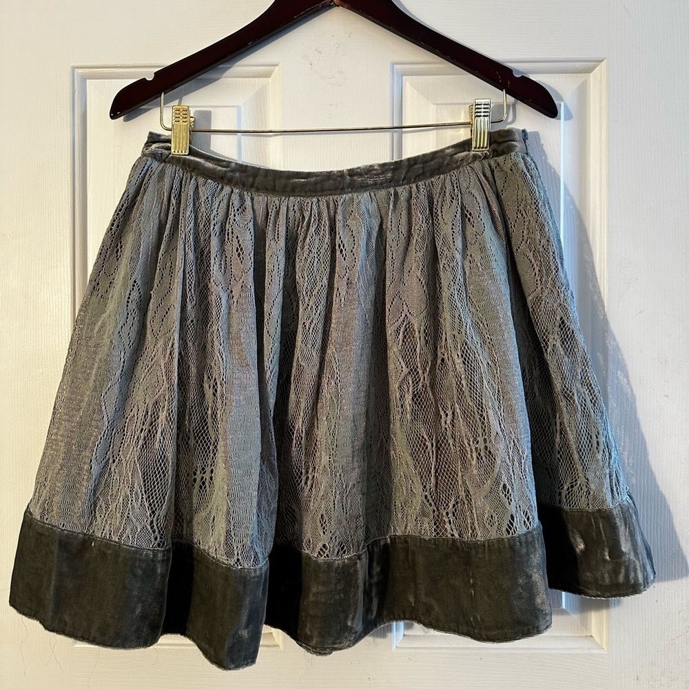 KIMCHI BLUE UO 7 Skater Party Holiday Skirt 10 Silver Green Lurex LACE Velvet